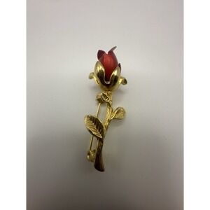 Vintage Gold Tone Red Enamel Rose Bud Flower Brooch Pin 2 Inch Floral Accessory